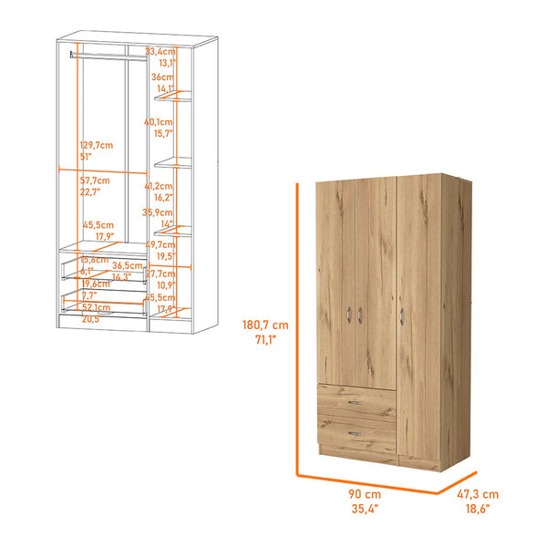 English Elm Eureka Light Oak Three-Door Armoire with Two Drawers, Closet Rod & Adjustable Shelves 70.8"H B128S00084