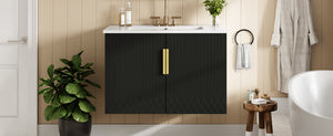 English Elm 30" Vintage Bathroom Vanity with Ceramic Sink — Wall-Mount MDF & Solid Wood Cabinet, Storage, Sleek Finish Black N710P214100B