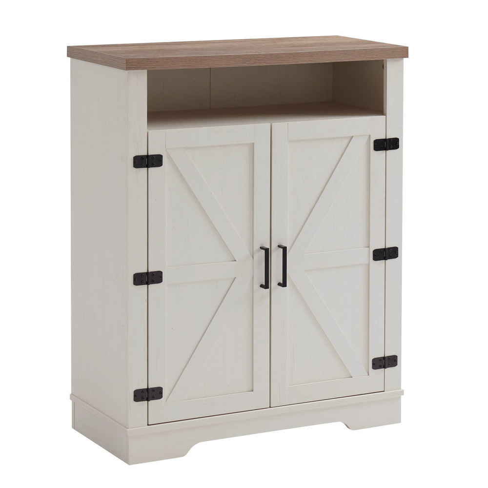 English Elm 6-Tier Shoe Storage Cabinet Farmhouse White+Oak with Adjustable Shelves, 2-Tier Open Tray & Anti-Tip Safety W3151P264510