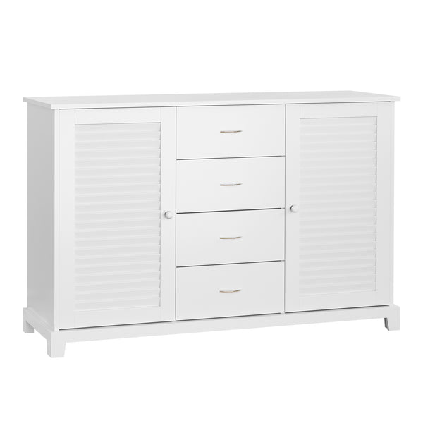 English Elm HOMCOM Modern Sideboard Buffet Cabinet with 4 Drawers & 2 Louvered Doors, White Storage Credenza W2225S00052