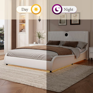 English Elm King Luxurious Faux Leather Upholstered Platform Bed with Storage Headboard, Bluetooth Speakers & RGB Lights White 78.35 L x 19.69 W x 12.99 H N701P241048C