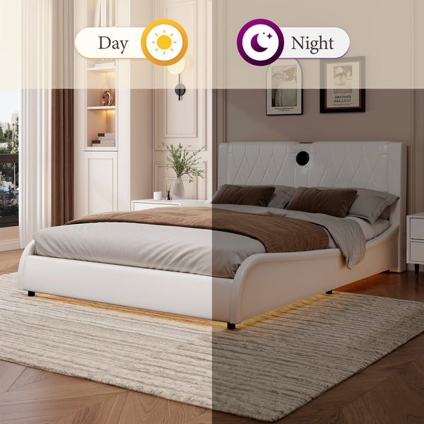 English Elm King Luxurious Faux Leather Upholstered Platform Bed with Storage Headboard, Bluetooth Speakers & RGB Lights White 78.35 L x 19.69 W x 12.99 H N701P241048C