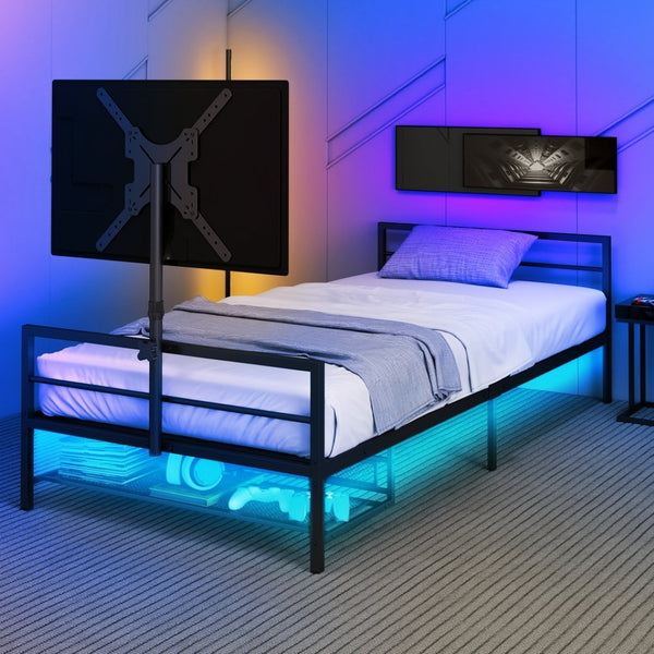 English Elm Twin Gaming Platform Bed Iron Frame with Rotating Tv Mount Led Strips Console Storage W688P237948