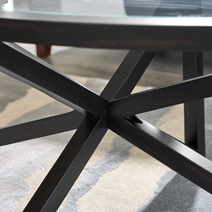 English Elm Modern Round Tempered Glass Coffee Table With Solid Wood Base – Stylish Minimalist Design For Any Space W1781127576