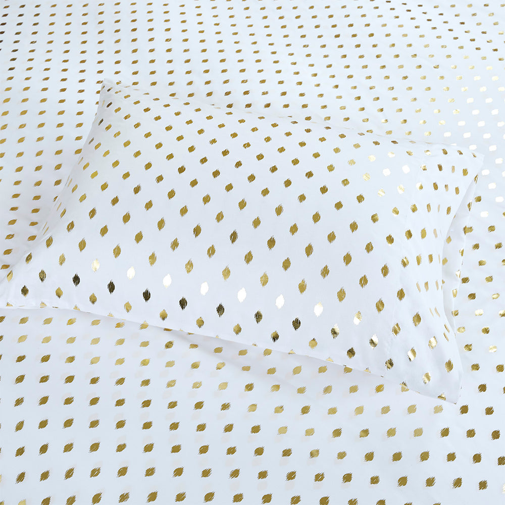 JLA Home Intelligent Design - Printed Sheet Set Metallic Dot Ikat Microfiber—Ultra-Soft, OEKO-TEX Certified, Breathable, Fits 16" Mattress White/Gold ID20-1471
