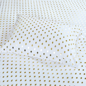 JLA Home Intelligent Design - Printed Sheet Set Metallic Dot Ikat Microfiber—Ultra-Soft, OEKO-TEX Certified, Breathable, Fits 16" Mattress White/Gold ID20-1471