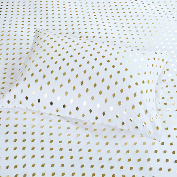 JLA Home Intelligent Design - Printed Sheet Set Metallic Dot Ikat Microfiber — Ultra-Soft, OEKO-TEX Certified, Breathable Fit to 16" Deep White/Gold ID20-1470