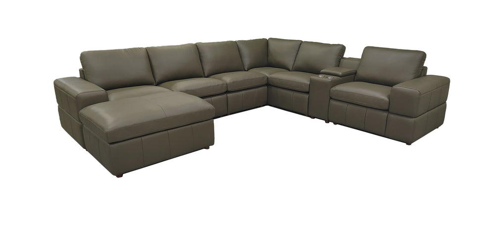 English Elm Premium Leather Match Sectional with Dual Recliners Square Arms and Console Storage Olive Green B2748S00142