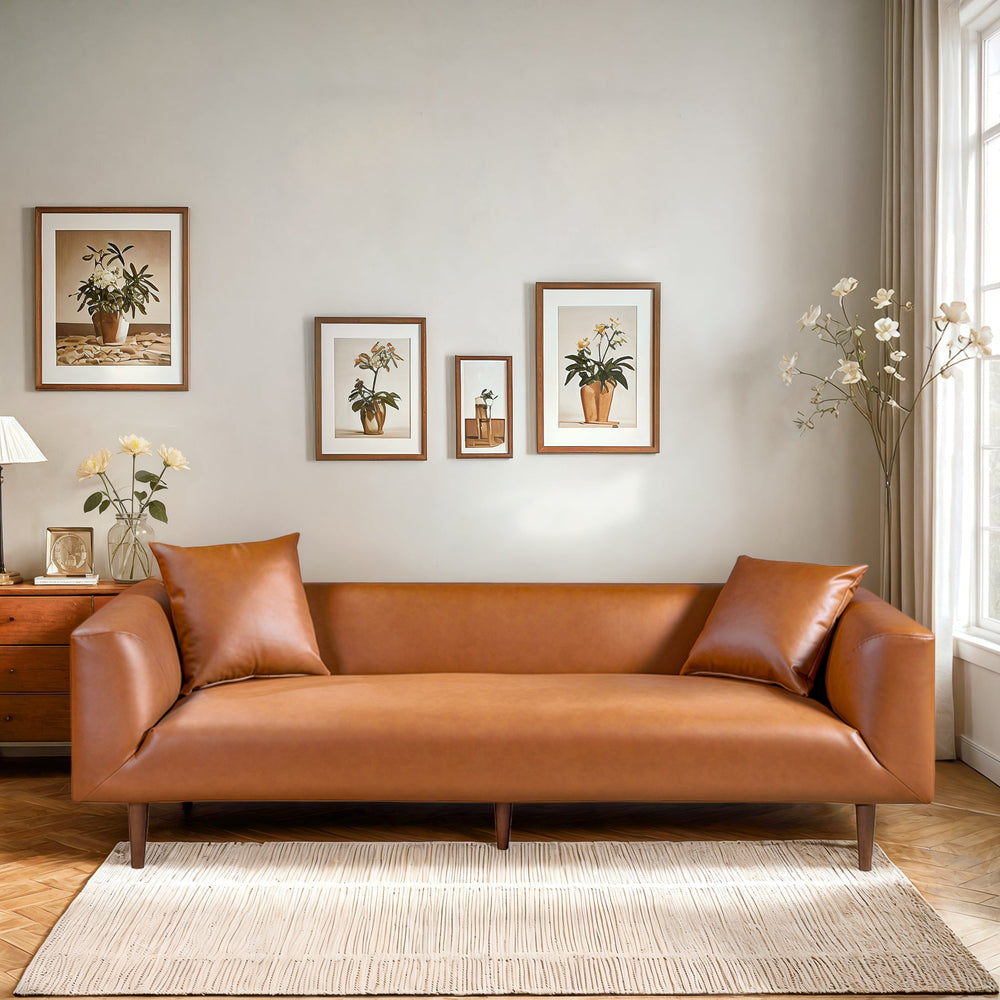 English Elm Ashcroft Furniture - Elwood Cognac Vegan Leather Sofa — Mid-Century Modern, Solid Wood Frame, Easy-Clean Durable Upholstery B183P281235