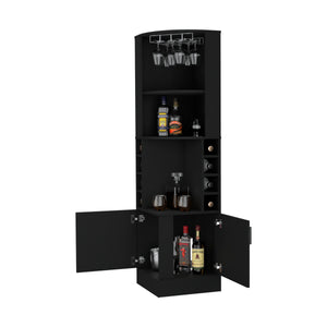 English Elm Delhi Corner Bar Cabinet with 8-Bottle Wine Rack, Glass Rack, Black Finish, Space-Saving Corner Design B128S00035