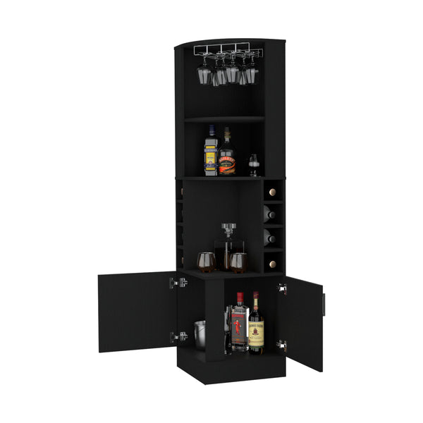 English Elm Delhi Corner Bar Cabinet with 8-Bottle Wine Rack, Glass Rack, Black Finish, Space-Saving Corner Design B128S00035
