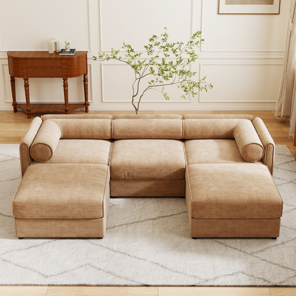 English Elm Elegant Camel Chenille Sofa With Storage & Ottoman - U-Shaped 3-Seater, Modern Comfort & Style W714S01229