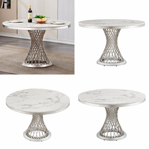 English Elm 47" Round Marble Dining Table - Modern High Gloss Faux Marble Top & Stainless Steel Base, Easy Care W3456S00001