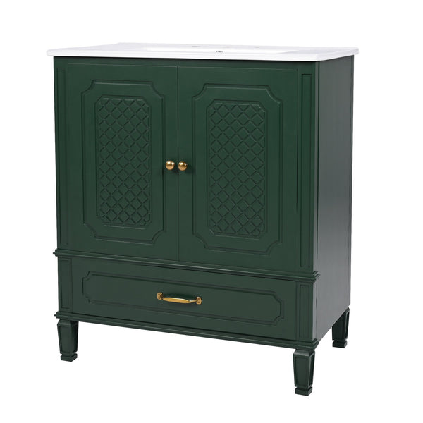 English Elm Christopher Knight Home® - 30" Bathroom Vanity with Sink Vintage Acacia Frame Ceramic Basin Soft-Close Doors & Storage Green N759P313313F