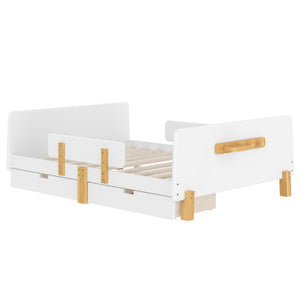 English Elm Twin Low Profile Kids Floor Bed Pine Wood Frame with Safety Rail and Built in Bookshelf Light White W1580P373244