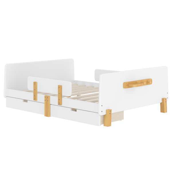 English Elm Twin Low Profile Kids Floor Bed Pine Wood Frame with Safety Rail and Built in Bookshelf Light White W1580P373244