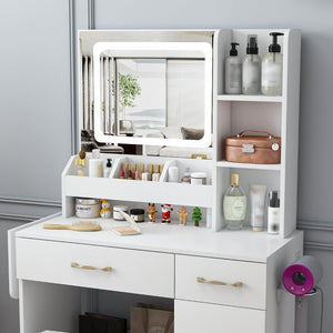 English Elm Vanity Desk with Led Mirror Touch Light Power Outlet Drawers and Storage Stool W2700P342538