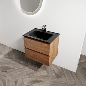 English Elm 24" Wall-Mounted Bathroom Vanity With Black Ceramic Sink & 2 Soft-Close Drawers For Stylish Storage W999S00193