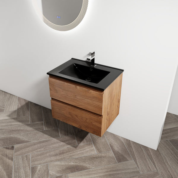 English Elm 24" Wall-Mounted Bathroom Vanity With Black Ceramic Sink & 2 Soft-Close Drawers For Stylish Storage W999S00193