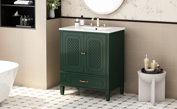English Elm Christopher Knight Home® - 30" Bathroom Vanity with Sink Vintage Acacia Frame Ceramic Basin Soft-Close Doors & Storage Green N759P313313F