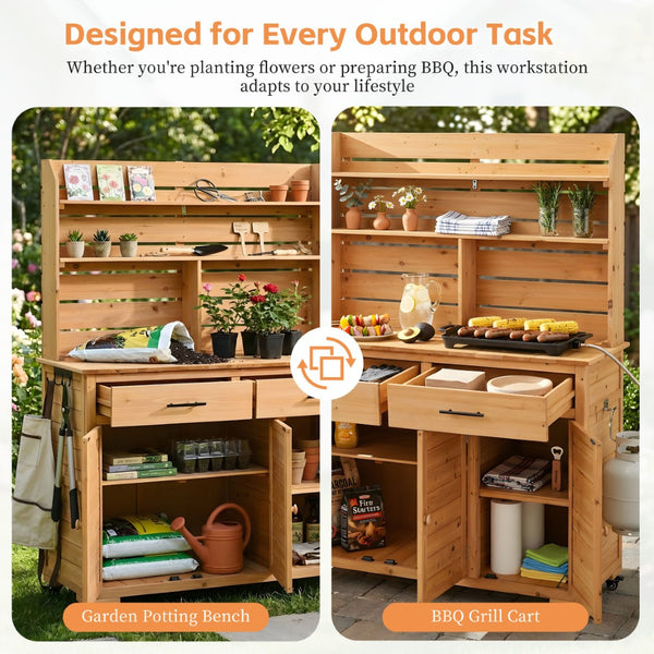 English Elm (assembly Video) Topmax Solid Fir Outdoor Potting Bench Grill Cart with Hutch Storage Natural Wood N717P404333A