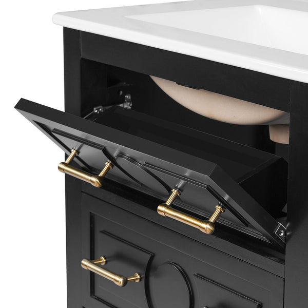 English Elm 24'' Bathroom Vanity with Ceramic Sink and 3 Drawers Retro Solid Wood Frame Freestanding Storage Black N710P371184B