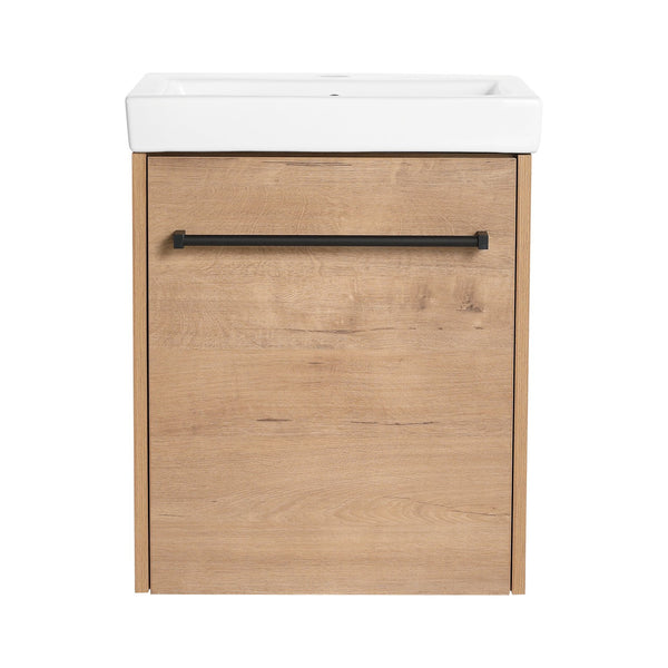 English Elm 18'' Floating Wall-Mounted Bathroom Vanity with Ceramic Sink, Soft-Close Door & Space-Saving Design Imitative Oak W999P236339