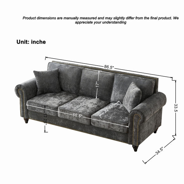 English Elm 86" Modern 3-Seater Sofa with Rolled Arms Chenille Upholstery, Nailhead Trim, Solid Wood Base for Living Room Comfort and Durability Gray W3373S00017