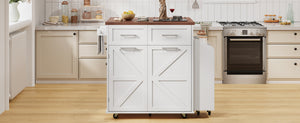 English Elm K&K 47.2" Farmhouse Kitchen Island with Drop Leaf, Removable Side Shelf, Trash Cabinet, Wheels White N707P307296W
