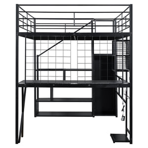 English Elm Full Full Size Metal Loft Bed with Built-In Desk, Wardrobe & Stair Storage, LED Lights, Space-Saving Black GX000663AAB