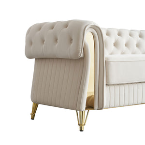 English Elm 89''W Chesterfield Modern Tufted Velvet Sofa with Pocket Springs, Gold Trim & Removable Cushions Beige W579S00037