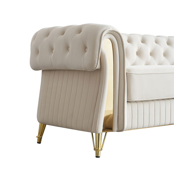 English Elm 89''W Chesterfield Modern Tufted Velvet Sofa with Pocket Springs, Gold Trim & Removable Cushions Beige W579S00037