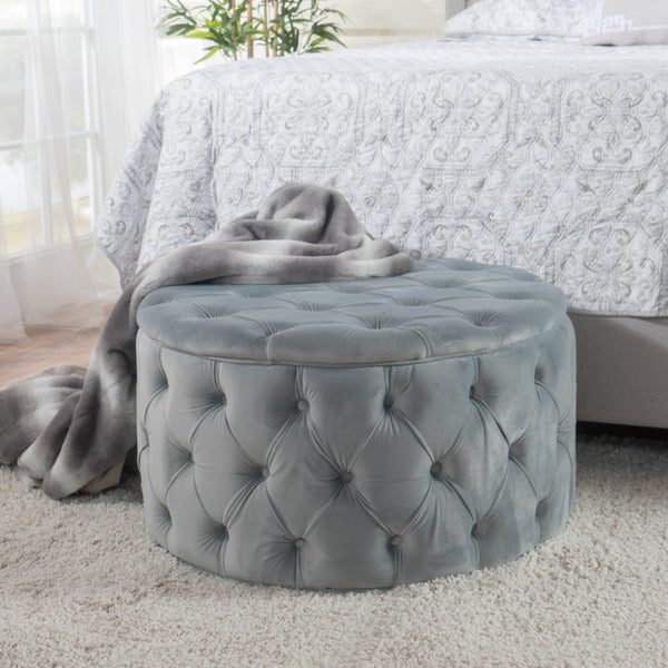 English Elm Christopher Knight Home® - OTTOMAN Velvet Tufted Diamond Stitch Cocktail Seat — Modern Glam Round Pouf, Durable Polyester Finish LIGHT GREY 59313.00