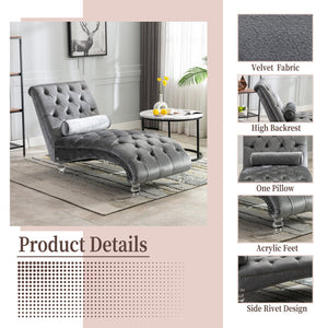 English Elm Velvet Curved Chaise Lounge Sofa with Button-Tufted Back, Thick Foam Cushion & Acrylic Legs for Living Room Comfort Silver W39538683