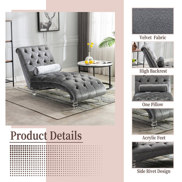 English Elm Velvet Curved Chaise Lounge Sofa with Button-Tufted Back, Thick Foam Cushion & Acrylic Legs for Living Room Comfort Silver W39538683
