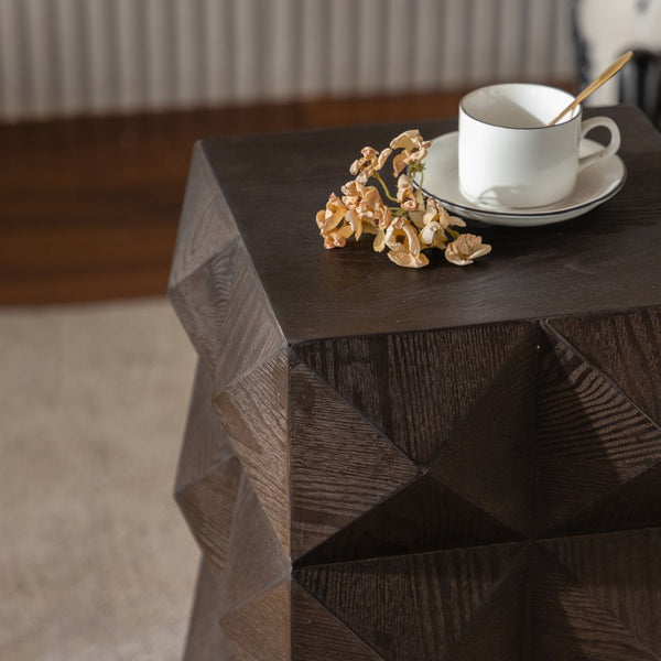 English Elm 23.62"Height Vintage Embossed Retro Side Table with Three-Dimensional Carved Pattern Durable Wood Nightstand Brown W757P250946