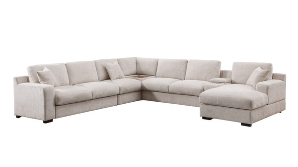 English Elm Chiara Chenille Sectional Sofa with Chaise Cupholders Usb Charging Ports Living Room Beige B2749S00237