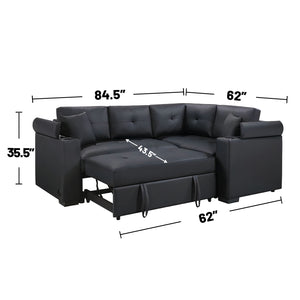 English Elm PVC Sleeper Sectional with USB Ports, Cupholders & Hidden Storage Arms – Convertible Black Sofa Bed B016S00052