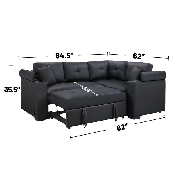 English Elm PVC Sleeper Sectional with USB Ports, Cupholders & Hidden Storage Arms – Convertible Black Sofa Bed B016S00052