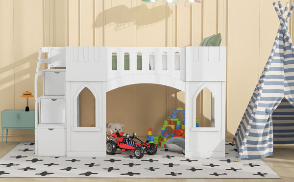 English Elm Twin Loft Bed with Storage Staircase and Window — Pinewood Modern Space-Saving Kids' Play & Sleep Loft White GX000727AAK