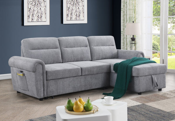 English Elm Ugo Chenille Sleeper Sectional Sofa with Storage Chaise and Built-in Usb Charging Ports Light Gray B2749S00070
