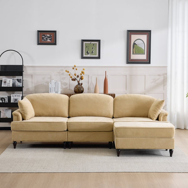 English Elm 103.15'' Chenille L-shaped Sectional Sofa with Detachable Pleated Skirt and Ottoman Khaki W3612S00045