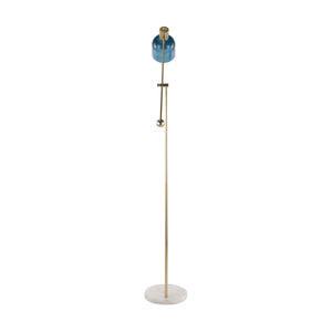 English Elm Marcel Contemporary Floor Lamp with White Marble Base, Gold Metal & Blue Glass Shade — Luxe Ambient Light (98) B202P224218
