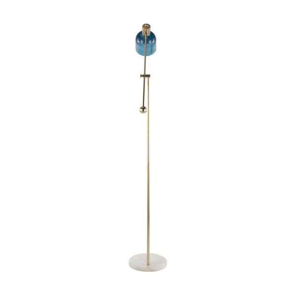 English Elm Marcel Contemporary Floor Lamp with White Marble Base, Gold Metal & Blue Glass Shade — Luxe Ambient Light (98) B202P224218