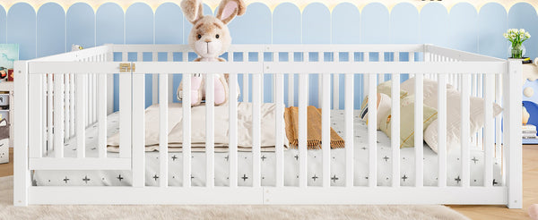 English Elm Queen Kids Floor Bed Pine Wood Frame with Safety Rails Door and Low Profile Design Light White W1580P417672