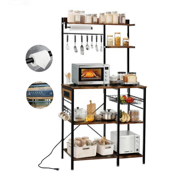 English Elm Bakers Rack with Power Outlet & USB, Microwave Stand with Pull-Out Basket, Coffee Bar Organizer W3204P354195