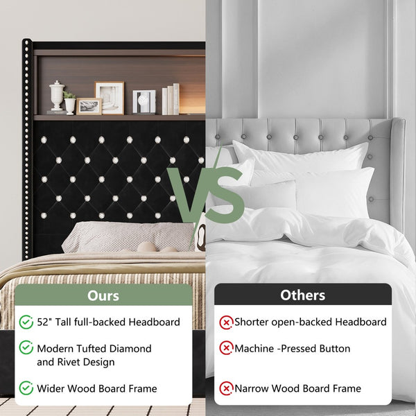 English Elm Queen Velvet Tufted Wingback Platform Bed Tall Headboard with Usb Charging Shelf Black N733P367135B