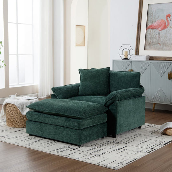 English Elm 44.5" Oversized Club Chair with Ottoman Chenille Upholstered Solid Wood Reading Seat Green W3244S00007