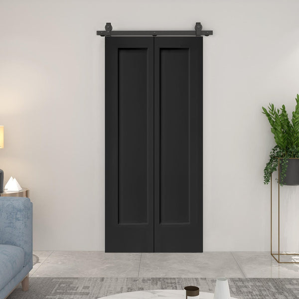 English Elm 24 in Primed Mdf Bi-fold Barn Door with Raised 6-panel Profile and Sliding Hardware B2763P491024