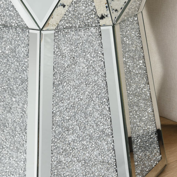 English Elm Drum Art Deco Mirror Table with Crushed Crystal Inlay, Silver Mirrored Drum Accent for Living Room W1005P190409